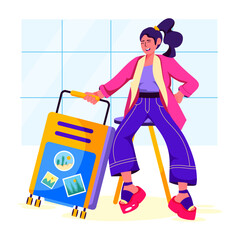 A flat illustration of girl with travel luggage 