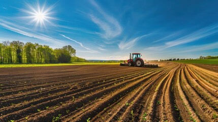 Fototapeta premium Tractor cultivating a spring field, with newly planted rows and a bright, blue sky overhead.