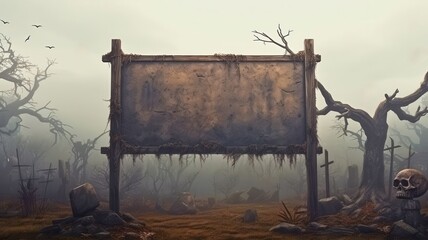 An eerie, desolate landscape with a blank sign surrounded by twisted trees and a skull, evoking mystery and decay.