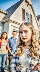 Capture a teenage girl’s nervous excitement as she waits to enter a haunted house, her face a mix of fear and anticipation