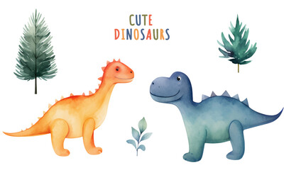 Vector set of watercolor dinosaurs and trees. Cute hand drawn dinosaur illustrations. Little dinosaurs