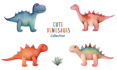 Vector set of watercolor dinosaurs. Cute hand drawn dinosaur illustrations. Little dinosaurs