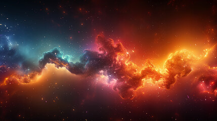 Fototapeta premium Nebula & Galaxy Space Background; a rainbow colored, dynamic, and fiery nebula, with glowing blue, pink, golden, and purple hues creating a sense of motion and turmoil amidst the stars 