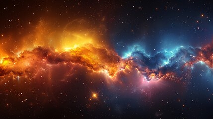 Fototapeta premium Nebula & Galaxy Space Background; a rainbow colored, dynamic, and fiery nebula, with glowing blue, pink, golden, and purple hues creating a sense of motion and turmoil amidst the stars 