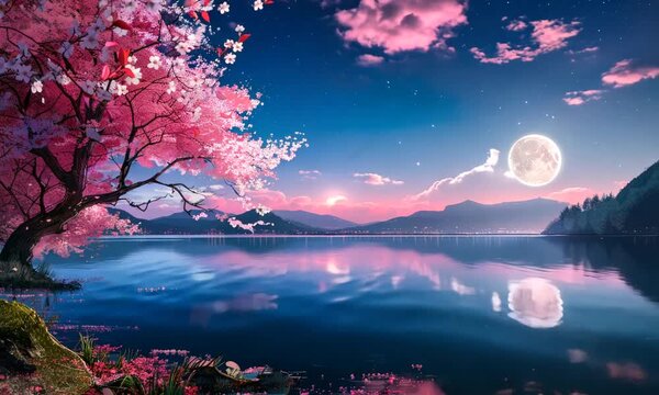 Time lapse of Cherry blossoms by Blue lake, Golden Moon backdrop, anime scenery
