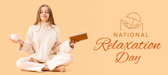 Banner for National Relaxation Day with meditating young woman with cup and book