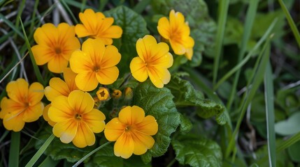 Close-up of Vibrant Yellow Flowers in a Lush Green Field Captured in Springtime