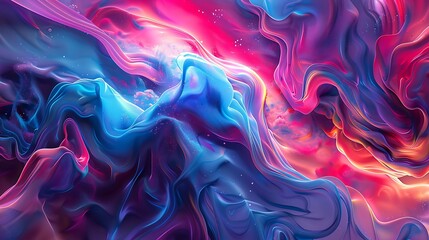 Abstract fluid shapes in vibrant colors, organic shapes, dynamic and flowing.