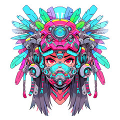 Native american Girl head mechanical cyborg mecha robot illustration