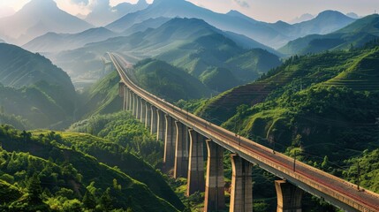 Obraz premium Impressive elevated highway cutting through lush mountains under a clear sky, capturing the marvel of modern engineering and natural beauty.