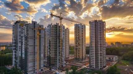 High-rise apartments under construction at sunset, showcasing urban development and modern architecture with a dramatic sky.