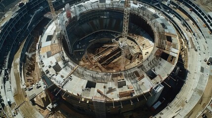 Aerial view of a large circular construction project with cranes and scaffolding. The project appears to be in its early stages.