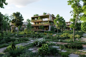 Obraz premium Low-impact efficient wilderness integration in urban design emphasizes incorporating natural elements into city landscapes with minimal environmental disruption and high efficiency.