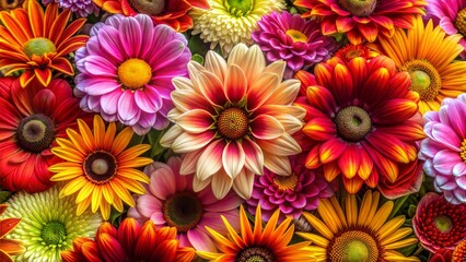 Fototapeta premium Blooming Beauty: Close-Up of Colorful Flowers in Full Bloom, Creating a Vibrant and Cheerful Floral Background for Design Enthusiasts and Nature Lovers