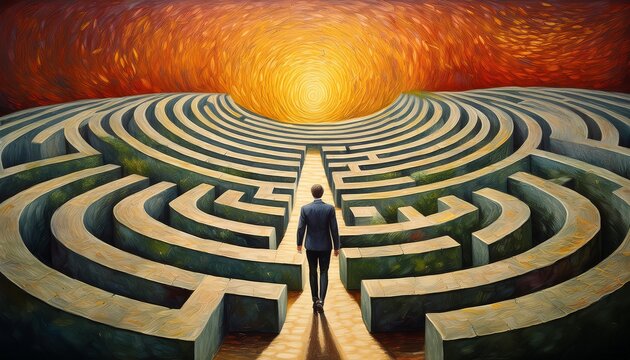 Navigating challenges: An oil painting of a maze with a determined figure finding their way through, symbolizing perseverance and problem-solving