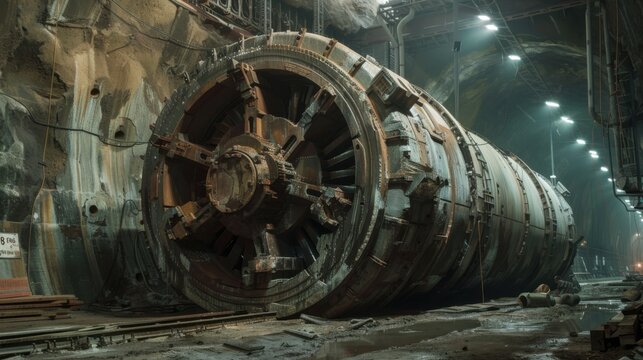 Massive tunnel boring machine in an underground construction site, showcasing industrial engineering and machinery.