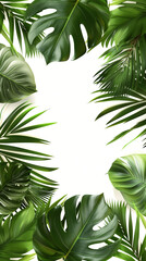 Frame of green palm leaves, white background