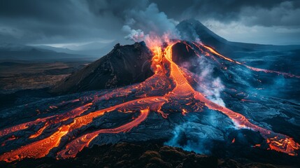 Majestic Eruption: Volcano Spewing Molten Lava Against Smoky Sky in Natural Light