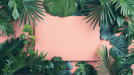 Frame of indoor plant leaves, clay board for copy in middle, flat color background