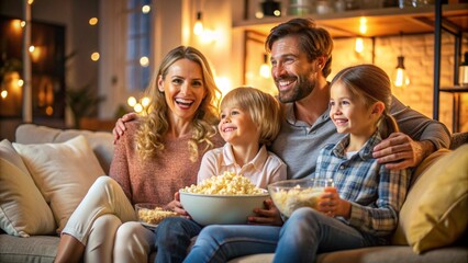 Obraz premium A family enjoying a movie night, sitting on a couch with a large bowl of popcorn placed on the center table, warm ambient lighting.