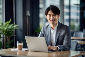 Fototapeta premium 近代的なオフィスで働く日本人起業家 