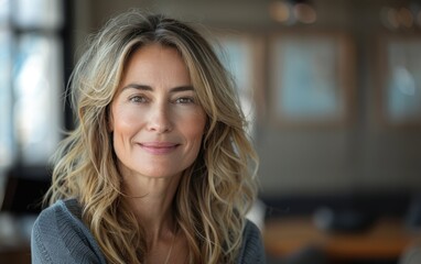 A cheerful middle-aged woman with wavy hair smiles warmly while enjoying a relaxed moment in an inviting indoor environment