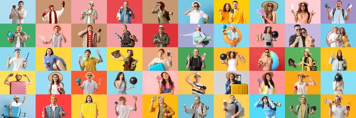 Collage of many tourists on color background