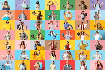 Fototapeta premium Collage of many tourists on color background