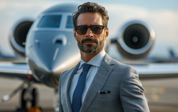 A businessman dressed in a suit stands confidently before a private jet at an airport, showcasing a successful and sophisticated lifestyle