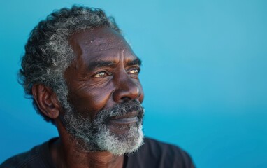 A mature Black man with gray hair and a beard gazes thoughtfully to the left, comfortably positioned against a vibrant blue background