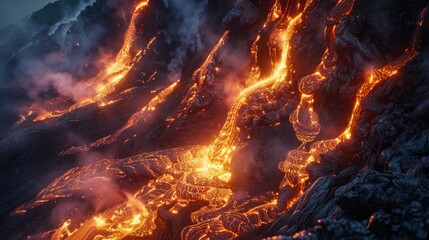 Fiery Spectacle: Lava Field Unleashing Smoke and Steam Through Earth's Cracks in Natural Light