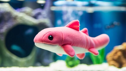 Pink cute fish doll plush toy swimming and placed in an aquarium setting.