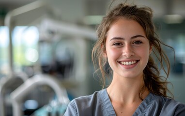 A confident dental hygienist student smiles brightly in a contemporary dental clinic, showcasing her enthusiasm and professionalism