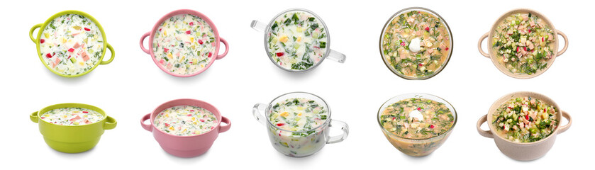 Set of tasty okroshka soup isolated on white