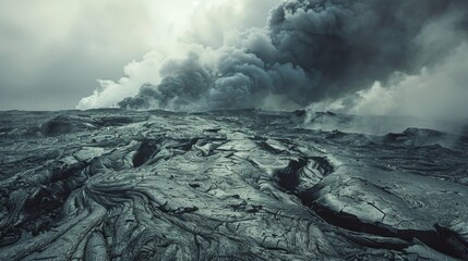 Fiery Landscape: Lava Field Emitting Smoke and Steam from Earth Cracks under Natural Light