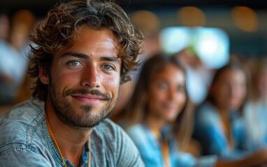 Obraz premium A cheerful man enjoys the atmosphere while sitting among others in a vibrant audience, showcasing a moment of connection and engagement during the event