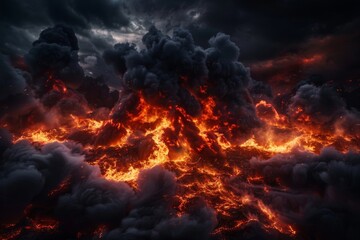 Fototapeta premium An ignited firestorm charring everything in its path, with smoke billowing and creating a scene of widespread destruction.