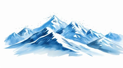 Fototapeta premium A stunning handdrawn watercolor captures a snowy mountain range, showcasing rocky peaks against a serene white background.
