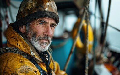 Obraz premium An adult fisherman with weathered features sits on a trawler boat, gazing thoughtfully into the distance, embodying the spirit of the sea