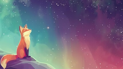 Charming watercolor illustration of a fox under a starlit night sky, perfect for a childrens book filled with wonder.
