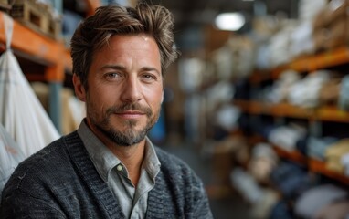 An accountant stands confidently in a warehouse, focused on managing inventory while surrounded by stacks of goods