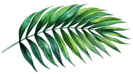 Vibrant watercolor illustration of a Majesty Palm Leaf, perfect for tropical decor and design. Isolated on a crisp white backdrop.