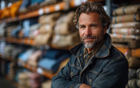 An accountant stands confidently in a warehouse, surrounded by various materials, while managing daily business transactions