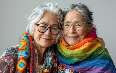 An elderly lesbian couple smiles warmly at the camera while wearing colorful scarves and glasses, radiating love and joy together