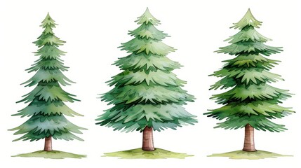 Fototapeta premium Delicate watercolor set featuring pine and fir trees, perfect for natureinspired art and seasonal designs on a clean backdrop.