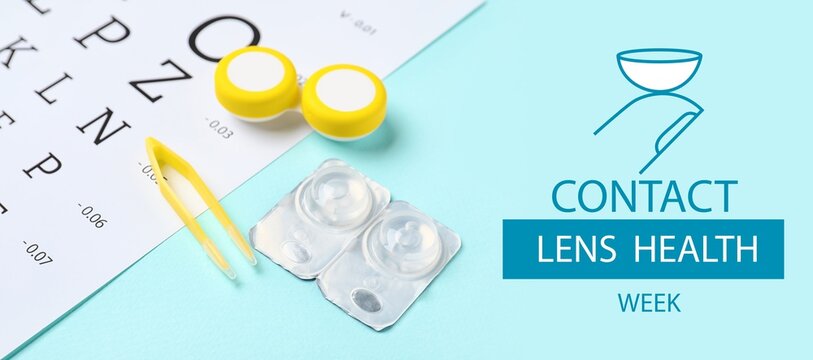 Banner for Contact Lens Health Week with contact lenses, tweezers and eye test chart
