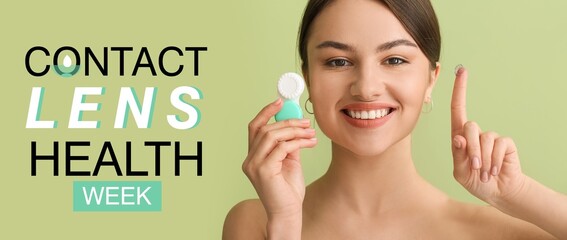 Banner for Contact Lens Health Week with woman holding contact lens