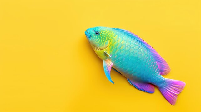 Vibrant rainbow parrotfish on a bright yellow backdrop, showcasing the stunning hues of marine life under the sea.