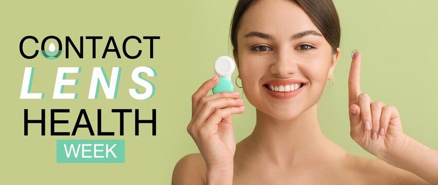 Banner for Contact Lens Health Week with woman holding contact lens