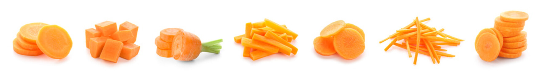 Set of fresh cut carrot on white background